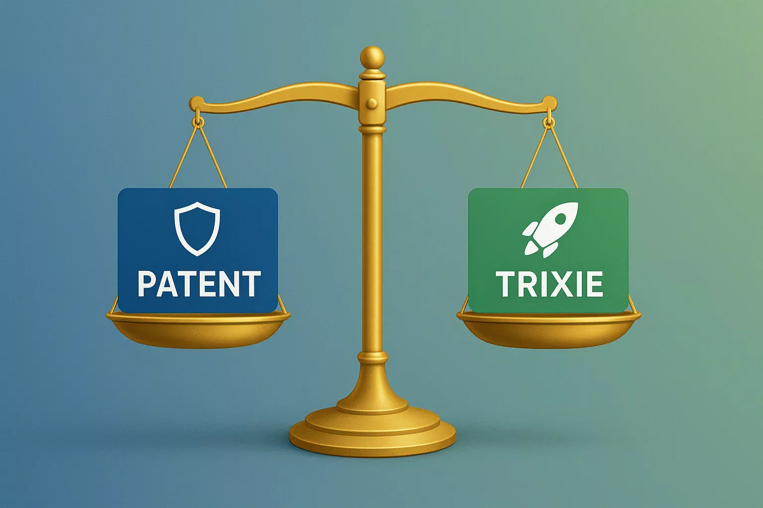 Balanza equilibrada mostrando Patent con escudo de protección y Trixie con cohete de eficiencia simbolizando el equilibrio entre ambos sistemas