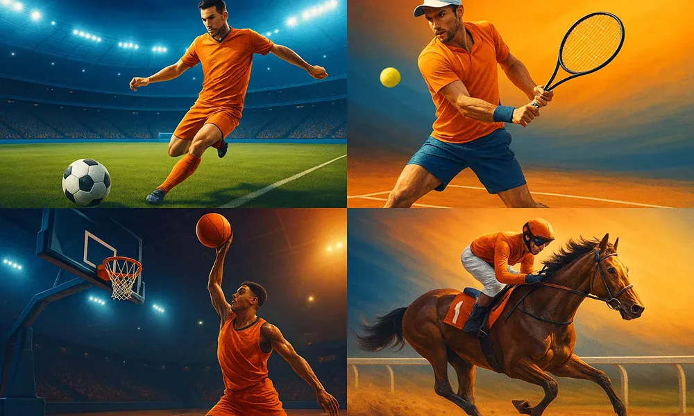 Collage de los mejores deportes para apuestas Trixie: fútbol, tenis, baloncesto y carreras