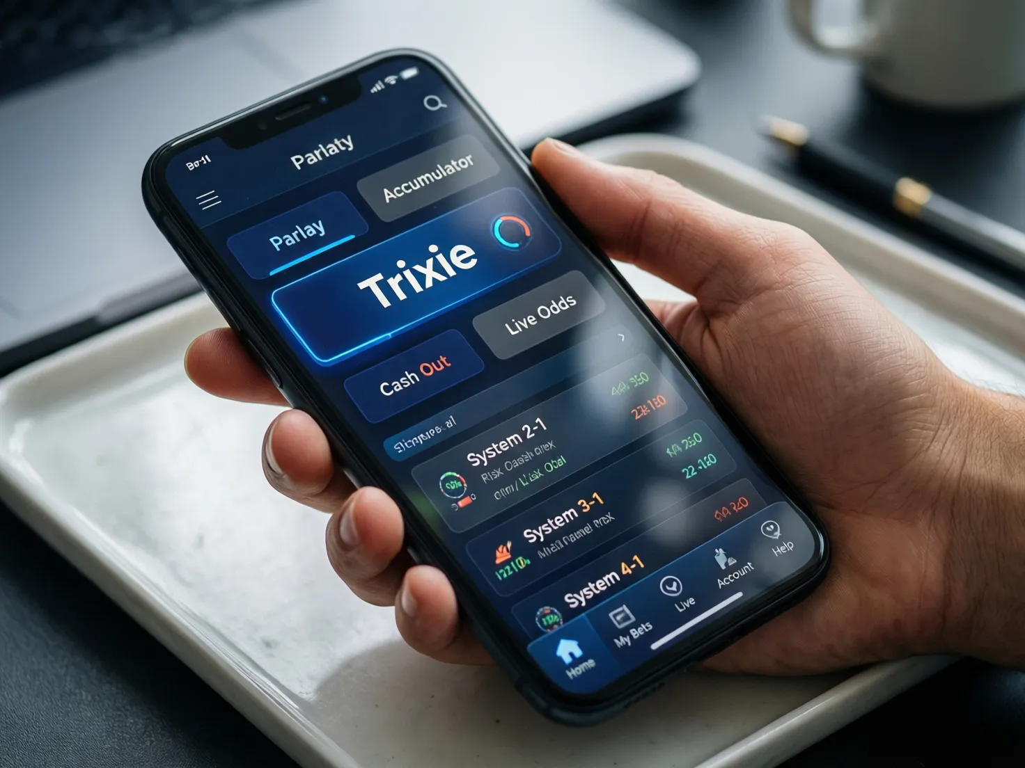 Pantalla de smartphone mostrando una app de apuestas con opciones de sistema múltiple