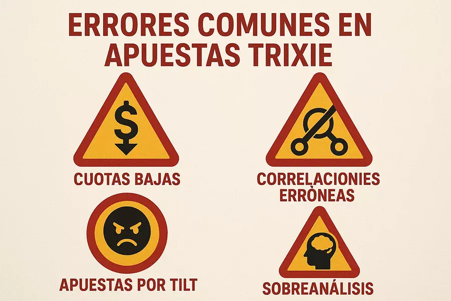 Infografía de errores comunes en apuestas Trixie mostrados como señales de advertencia