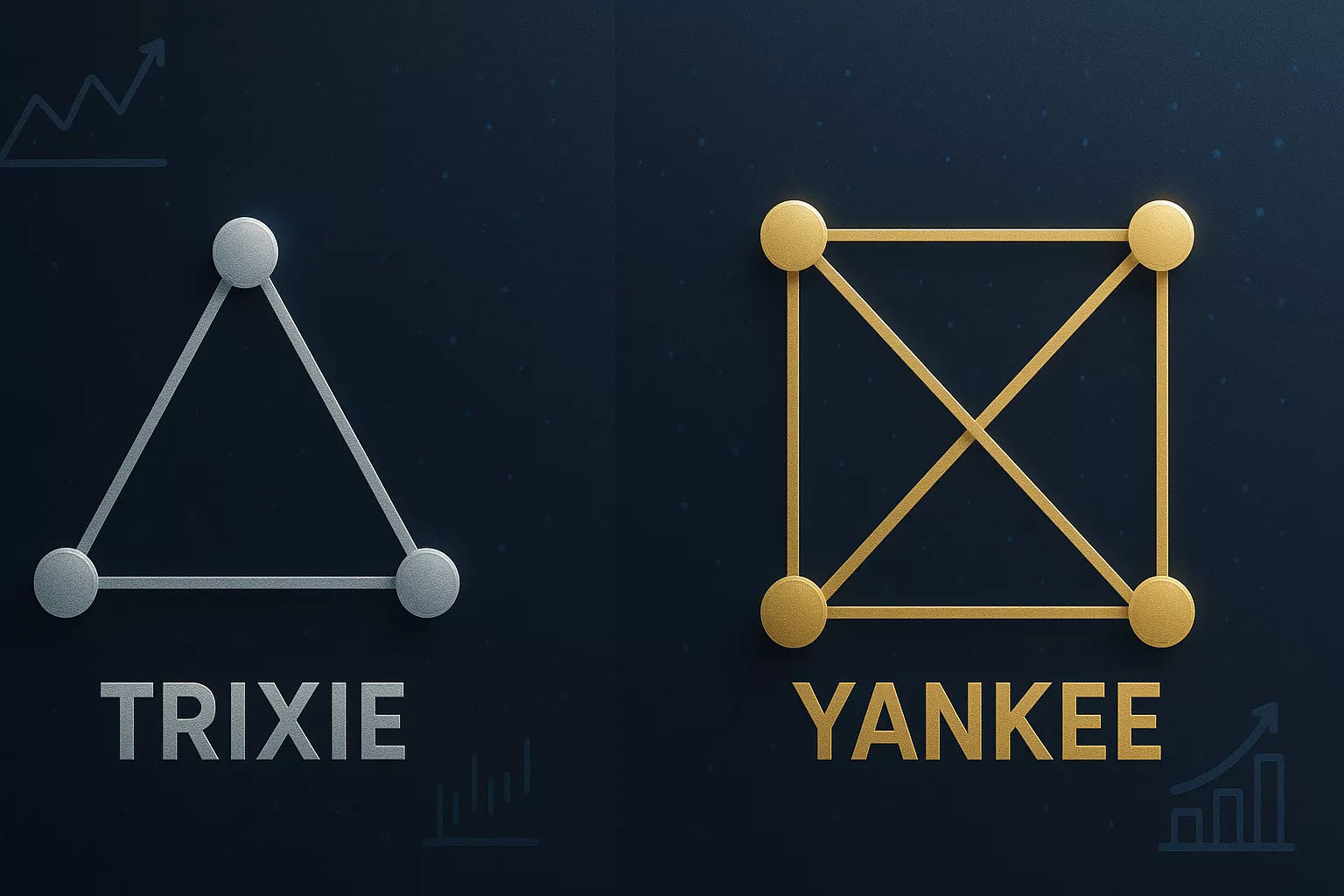 Comparación visual de la estructura Trixie con cuatro apuestas versus Yankee con once apuestas