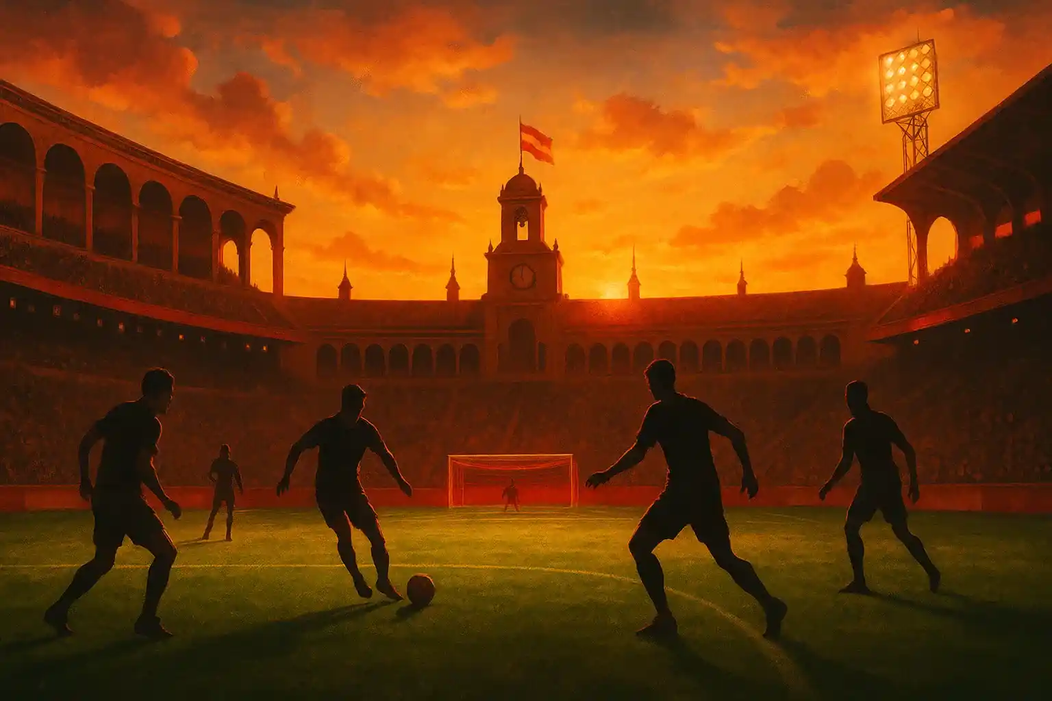 Estrategias de apuestas Trixie para La Liga española con estadio al atardecer