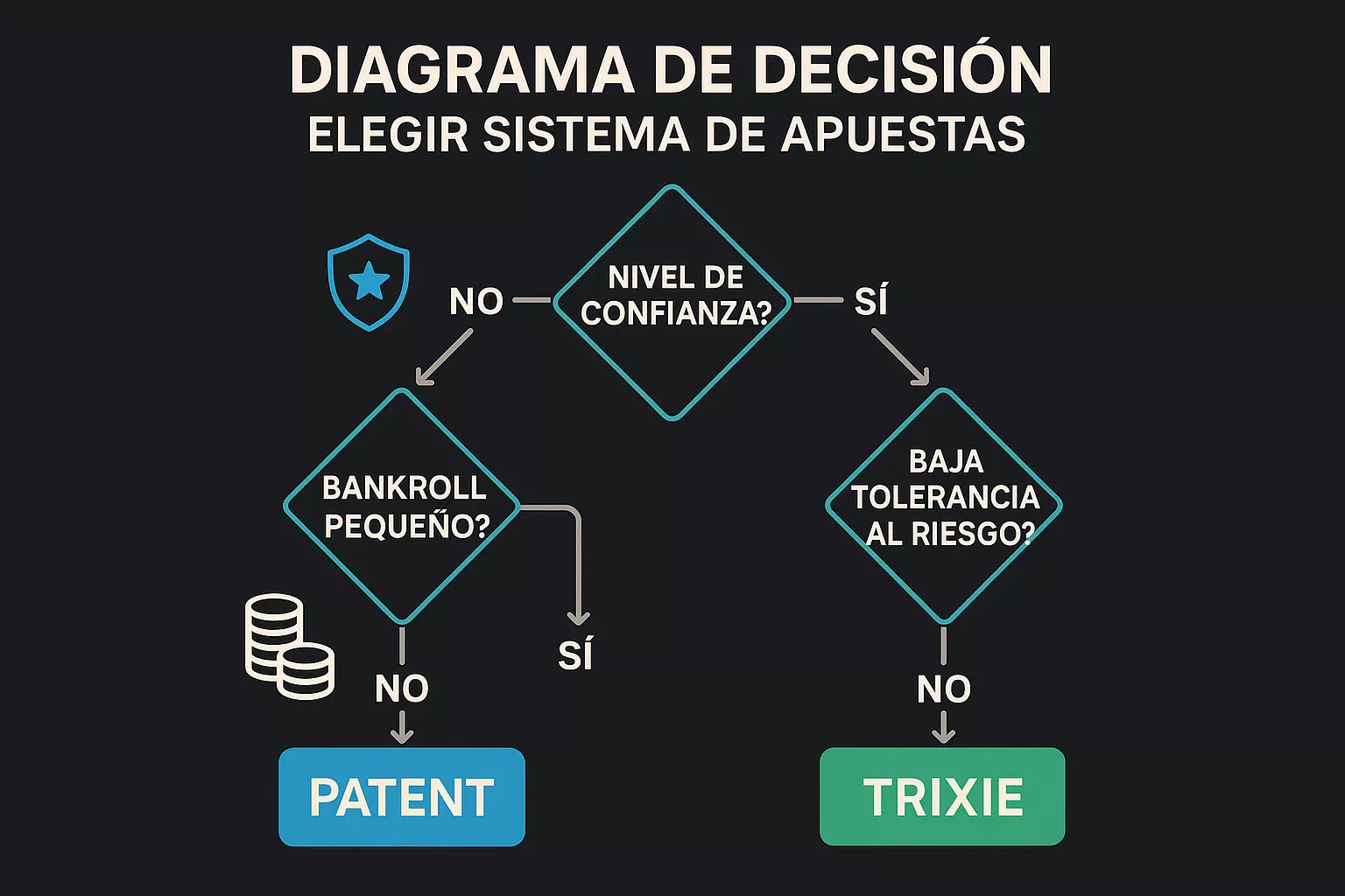 Diagrama de flujo con guía de decisión para elegir entre sistema Patent y Trixie según tu perfil de apostador